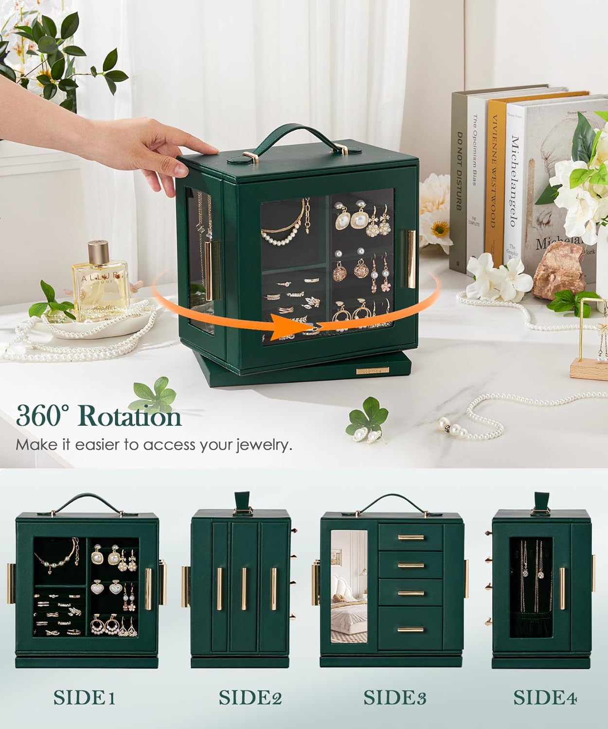 Homde Christmas Gifts Jewelry Box 360° Rotating, Necklace Earring Organizer with Transparent Window, Mirror, 7 Drawers, Large Ring Display Storage Case for Girls Women (Forest Green)