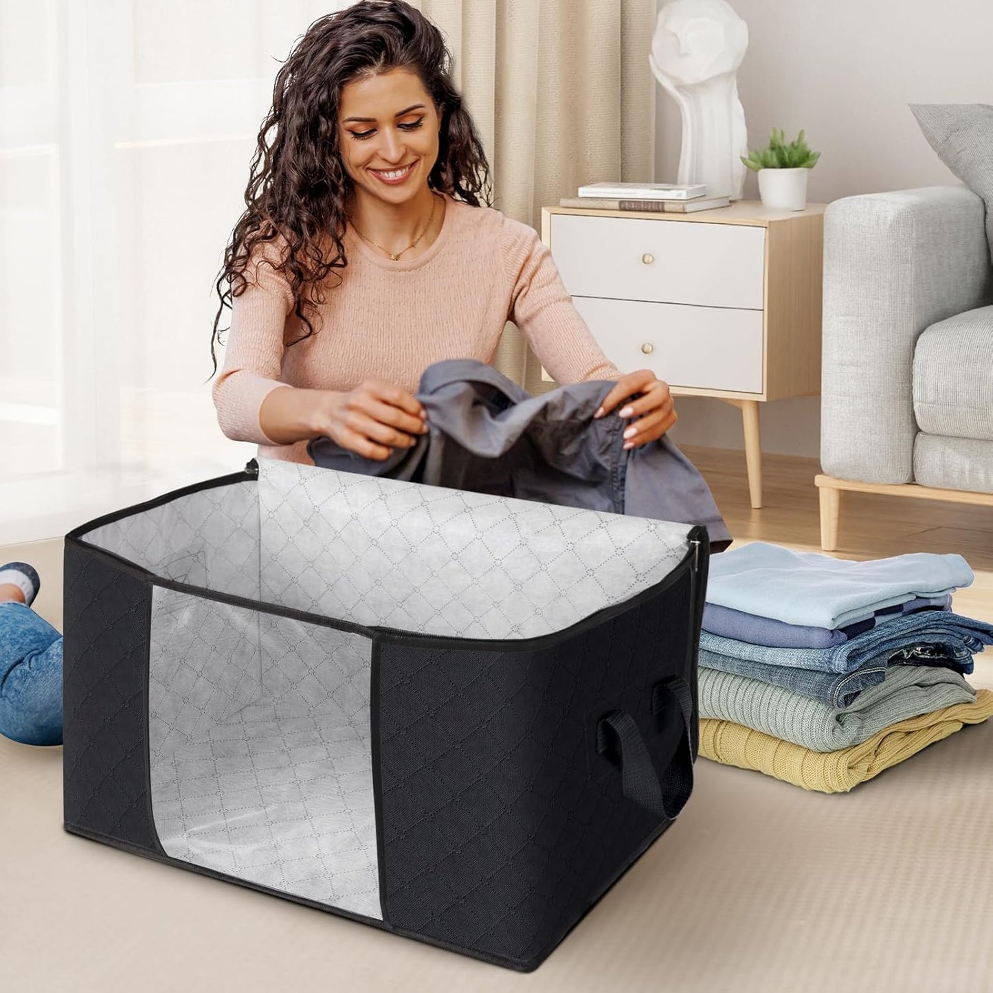 Fab totes Storage Bags,Clothes Blanket Storage Bins Foldable Closet Organizers with Reinforced Handle for Home Dorm Storage and Organization,Fabric Bags for Organizing Sheets,Clothing (Black,8 Pack)