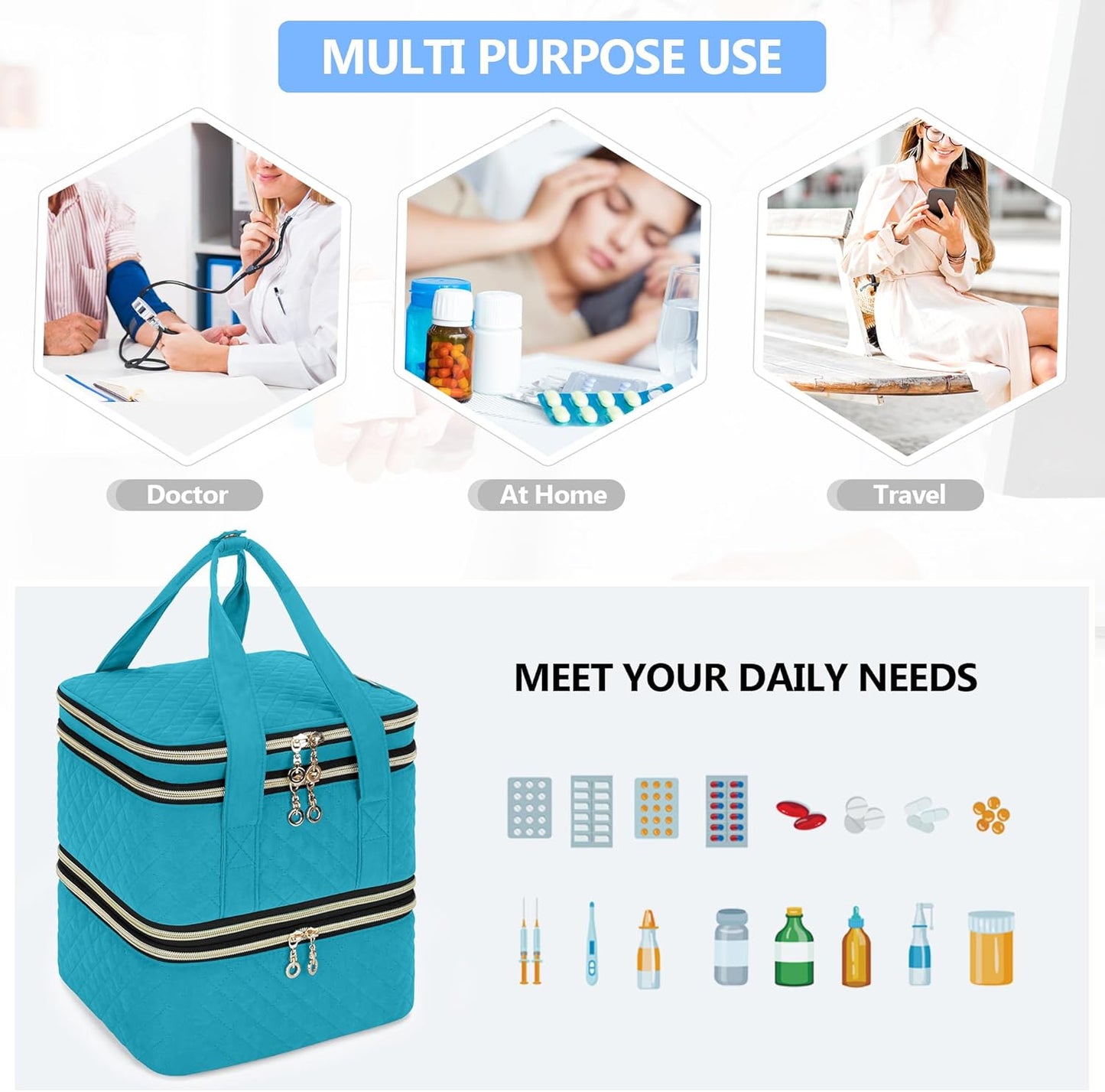 Yarwo Pill Bottle Organizer Storage Bag, 3 Layers Medicine Travel Case Empty with Demountable Design and Dividers for Pills, Potions, Vitamins and Emergency First Aid Supplies, Teal (PATENT DESIGN)