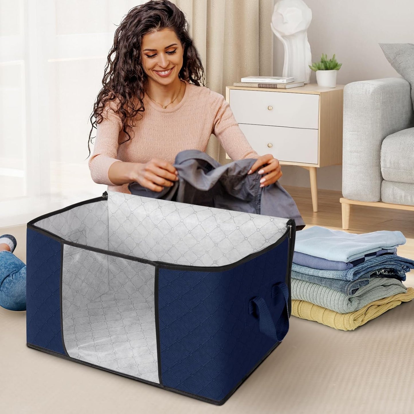Fab totes Storage Bags,Clothes Blanket Storage Bins Foldable Closet Organizers with Reinforced Handle for Home Dorm Storage and Organization,Fabric Bags for Organizing Sheets,Clothing (Blue,6 Pack)