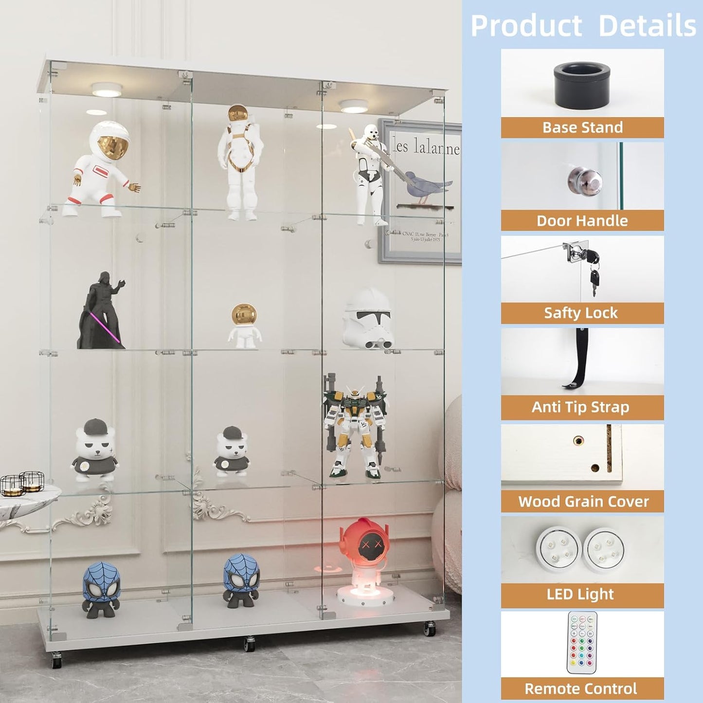 Beauty4U Glass Display Cabinet with LED Lights, Extra Large 3 Columns 2 Doors Curio Cabinets with 12 Shelves for Living Room, Bedroom, Office, White Floor Standing DIY Glass Bookshelf