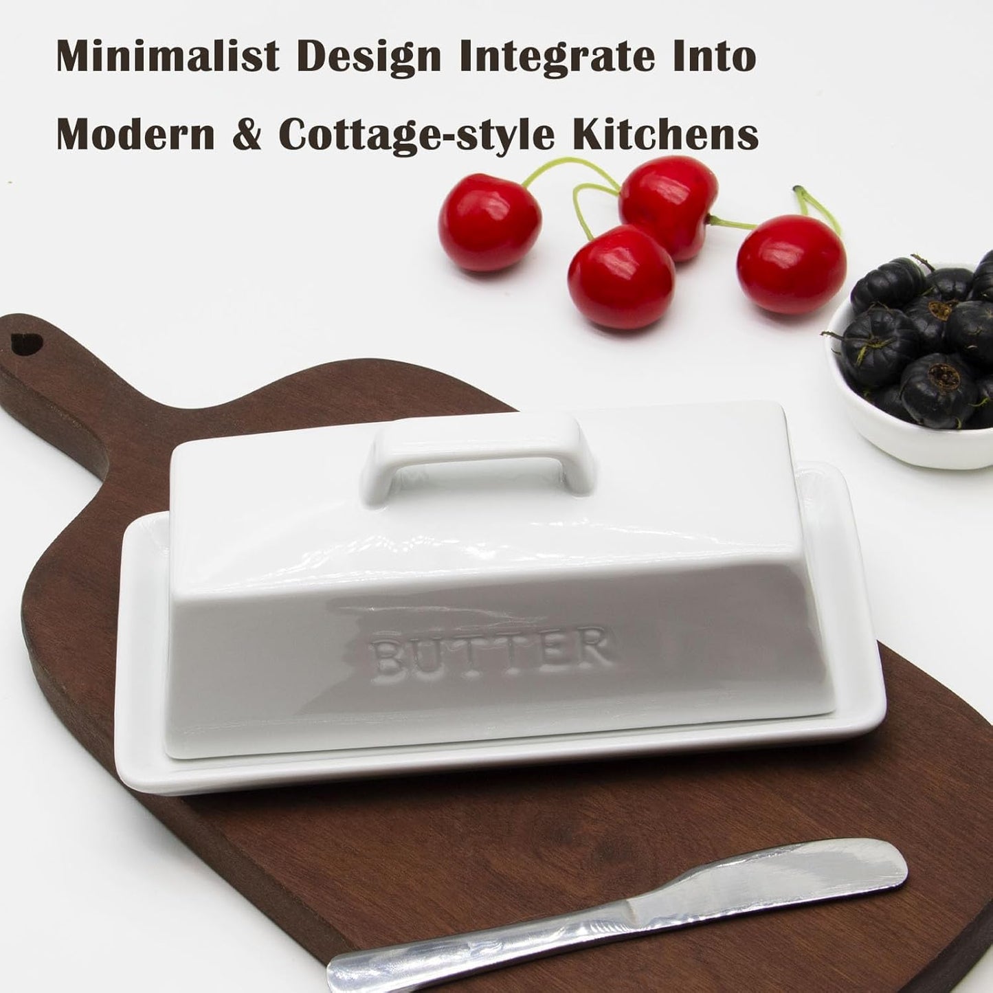 Ceramic Butter Dish With Lid for Countertop, Covered Butter Holder With Lid, White Butter Container, Butter Tray With Handle