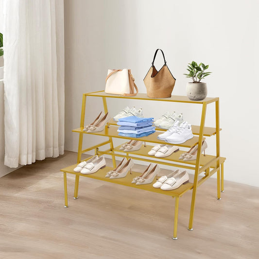 Nesting Tables for Retail Display, 3 Tier Metal Shoe Handbag Display Stand, Modern Retail Display Tables for Boutiques, Floor Standing Double Side Display Riser Shelf for Clothing Stores (Gold)