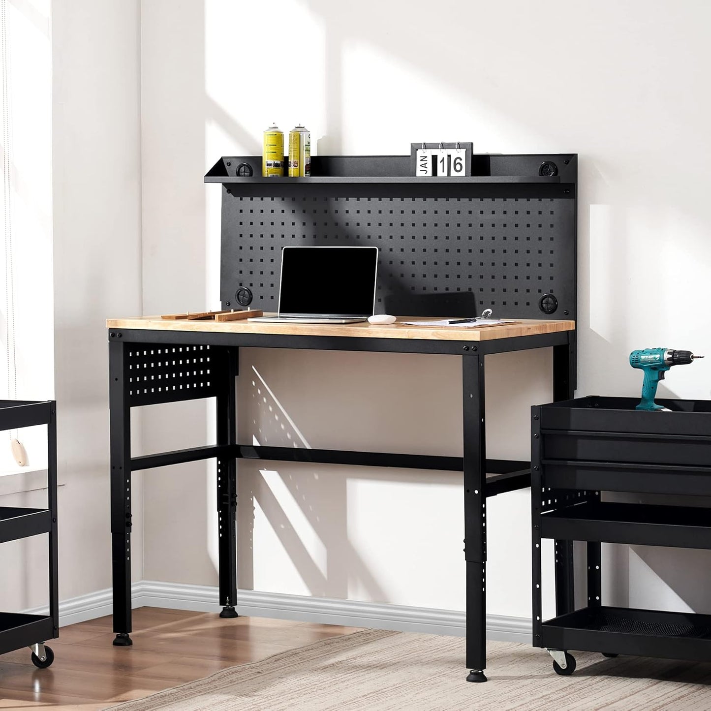 MCombo Adjustable Workbench with Solid Wood Tabletop for Garage, Steel Worktable with 2 Pegboards Bench48 (Black)
