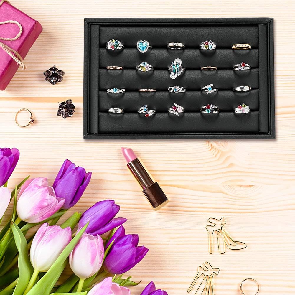 Valyria Velvet 5 Slots Ring Earrings Trays Showcase Display Jewelry Organizer (Black Flat PU Leather)