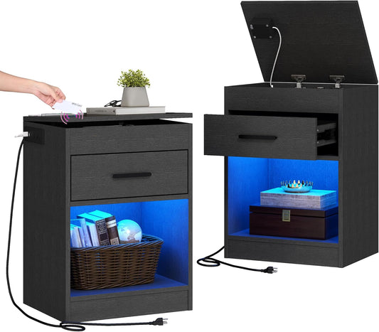 Auromie Set of 2 Nightstand with Charging Station and LED Lights, Bedside Table with Hidden Compartment for Valuables Storage, Concealment Furniture with Lock Cabinet and Power Outlets(Black- 2pcs)