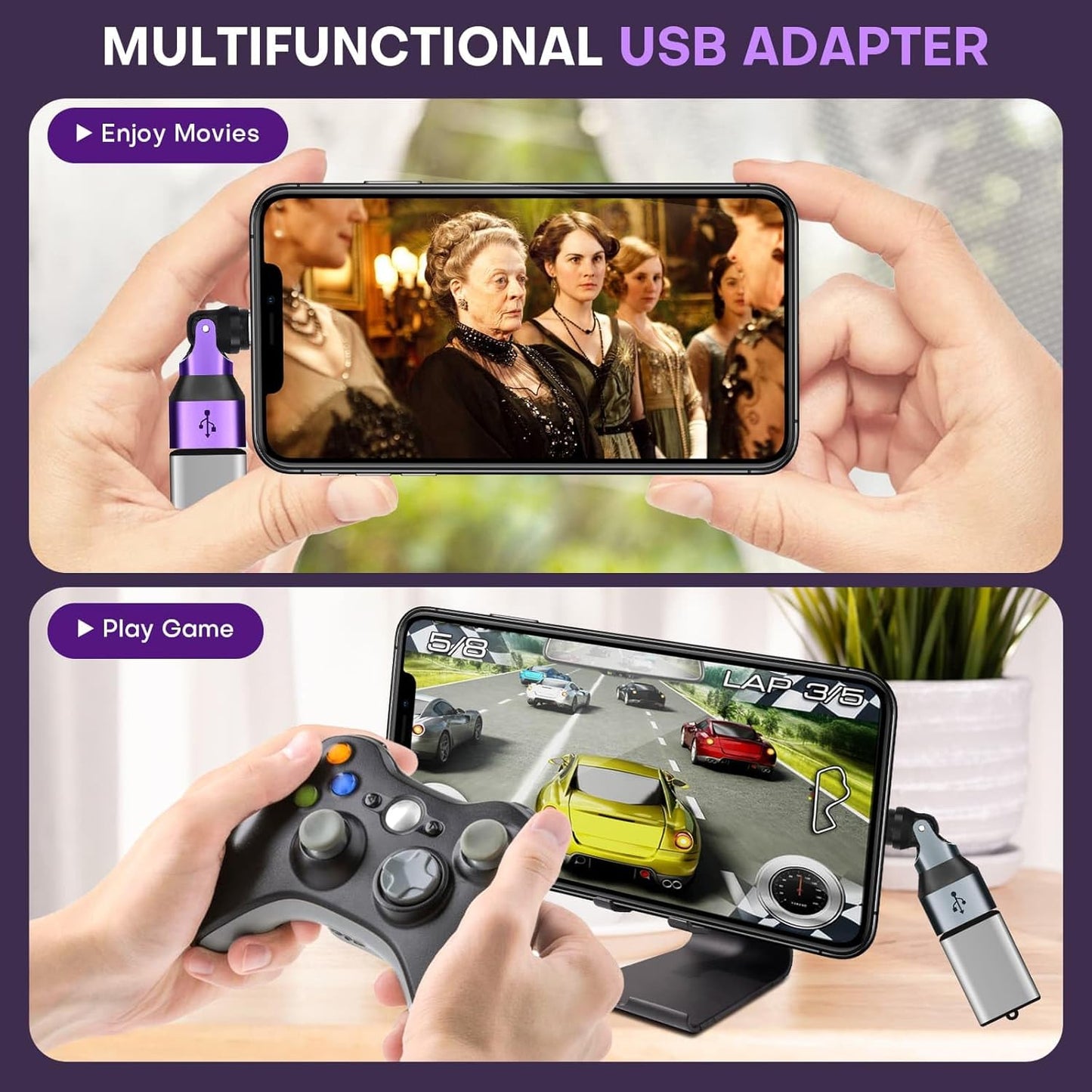 Mini USB A to C Magnetic Adapter 2 Pack, 480 Mbps USBC Male to USB 2.0 Female Adapter, USB C 90 Degree Right Angle Adaptor 180 & 360 Rotation 9PIN OTG Extender Connecter for Thumb Drive