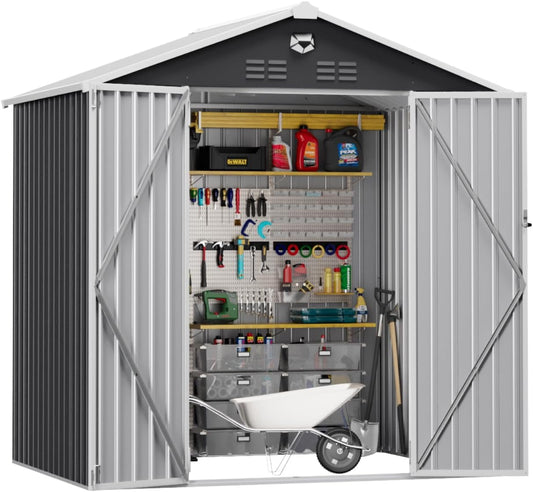 8X6 FT Outdoor Storage Shed, Metal Garden Shed - Tool Storage Sheds with Lockable Doors, Waterproof Outside Storage Building for Backyard, Patio (Black; Floor Not Included)