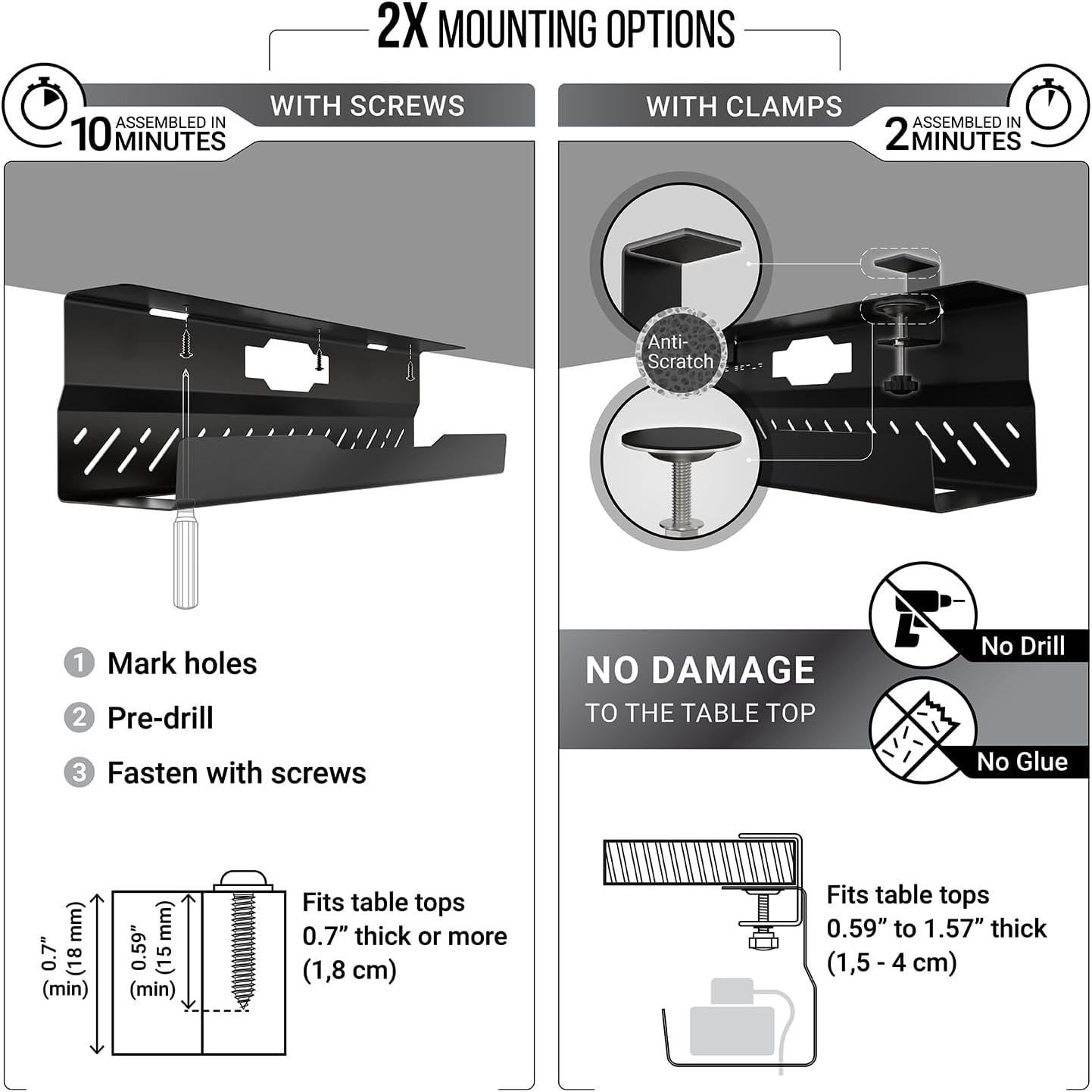 Under Desk Cable Management Tray no Drill – Wire Management - Cord Organizer – Huge Load Capacity – Under Desk Cable Tray no Drill (Black, 2 Pieces Set)