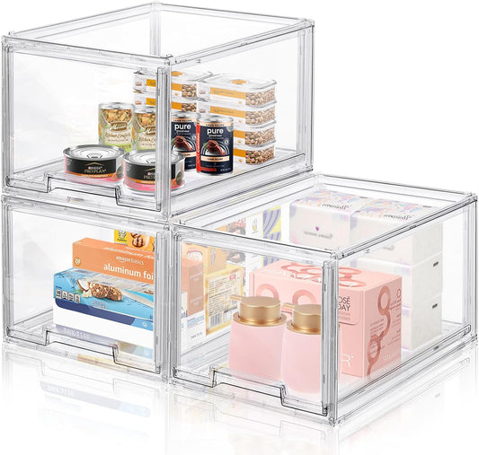 3 Packs Plastic Stackable Storage Drawers, DILIBRA Clear Storage Bins Organizer with Pull Out Drawer for Kitchen Cabinet Pantry Fridge Freezer Shelf Refrigerator Organization and Storage