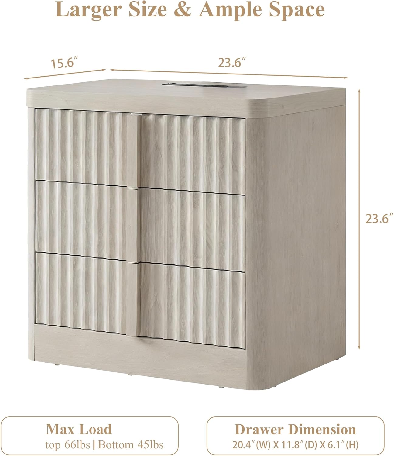 23.6" Nightstand with Charging Station, Side Table with 3 Large Storage Drawers, Mid Century Modern Night Stand with Solid Wood Handle, Bedside End Table for Bedroom, Living Room, Closet