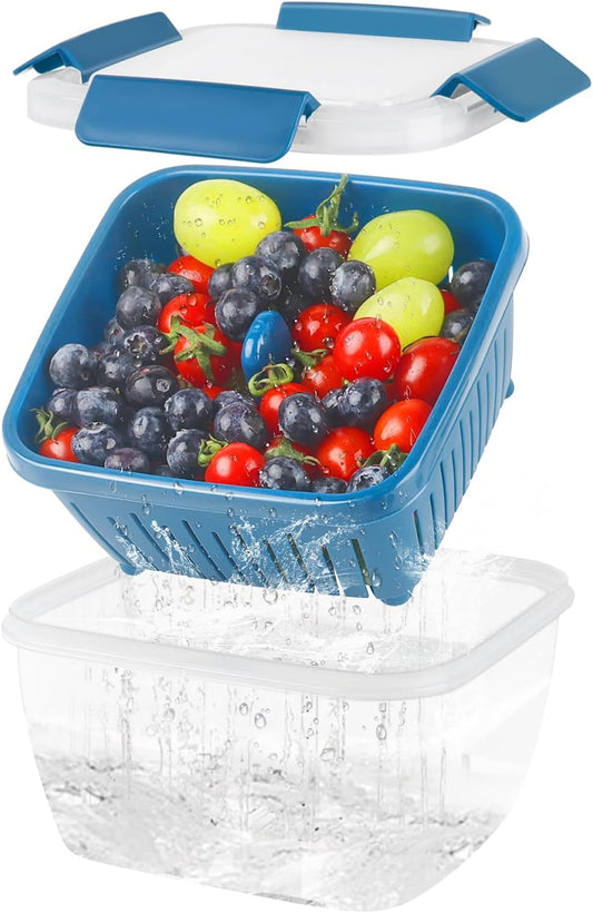 50oz Berry Keeper Fruit Storage Container for Fridge, Fresh Food Produce Saver Containers with Removable Drain Colanders, Vegetable Lettuce Keeper Bowl, Refrigerator Organizer, PRESS TO OPEN CLOSE LID