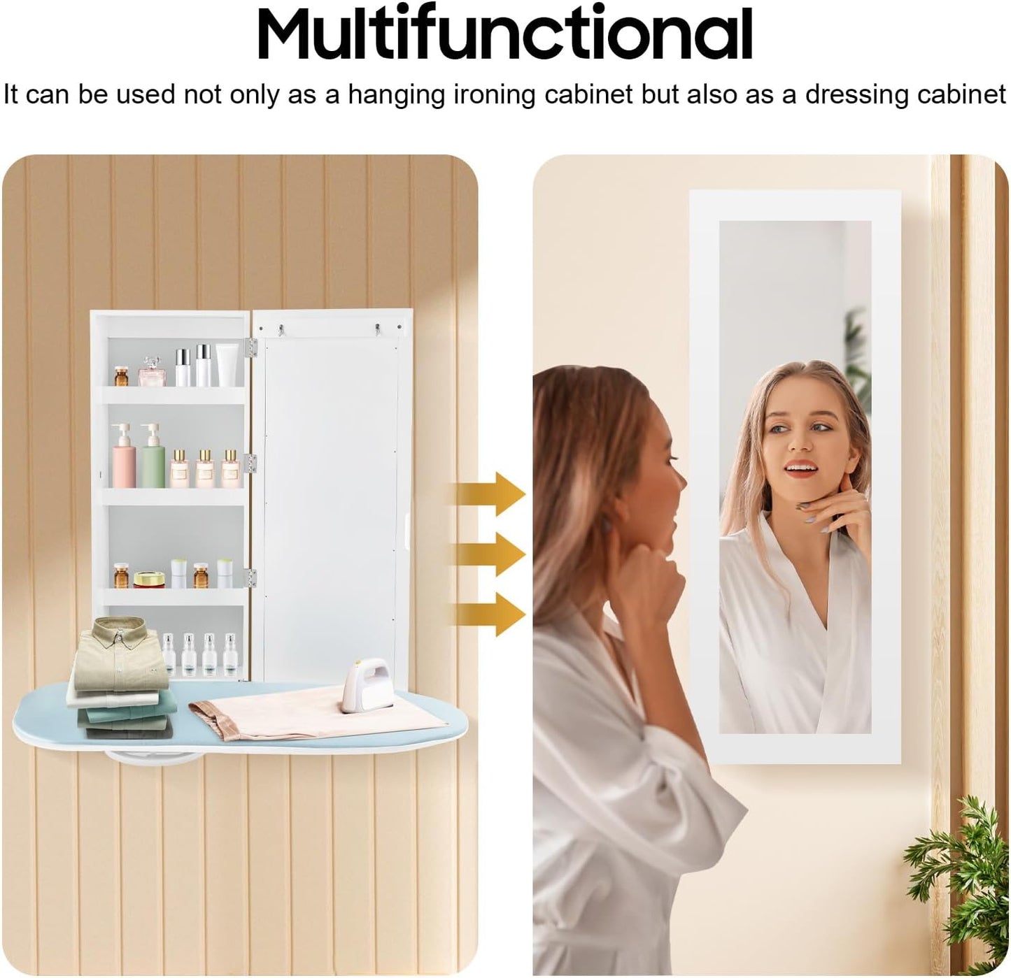 Wall-Mounted Ironing Board Cabinet with Storage Shelves & Door, Built in Foldable Ironing Board, Wall Hanging Ironing Storage Station for Bedrooms Laundry Rooms Apartments Small Spaces