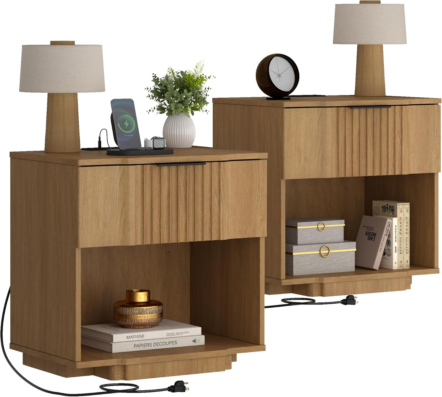 Yechen Fluted Nightstands Set of 2 with 20W Fast Charging Station - Large Wood Night Stands with Drawer & Shelf, Modern Wide Bedside End Tables for Bedroom with Curved Profile Base, Natural Oak