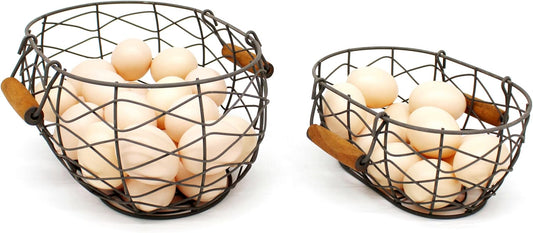 CVHOMEDECO. Oval Wire Egg Baskets Rustic Fruit Baskets with Wooden Handles Primitives Vintage Gathering Basket. Rusty, Set of 2