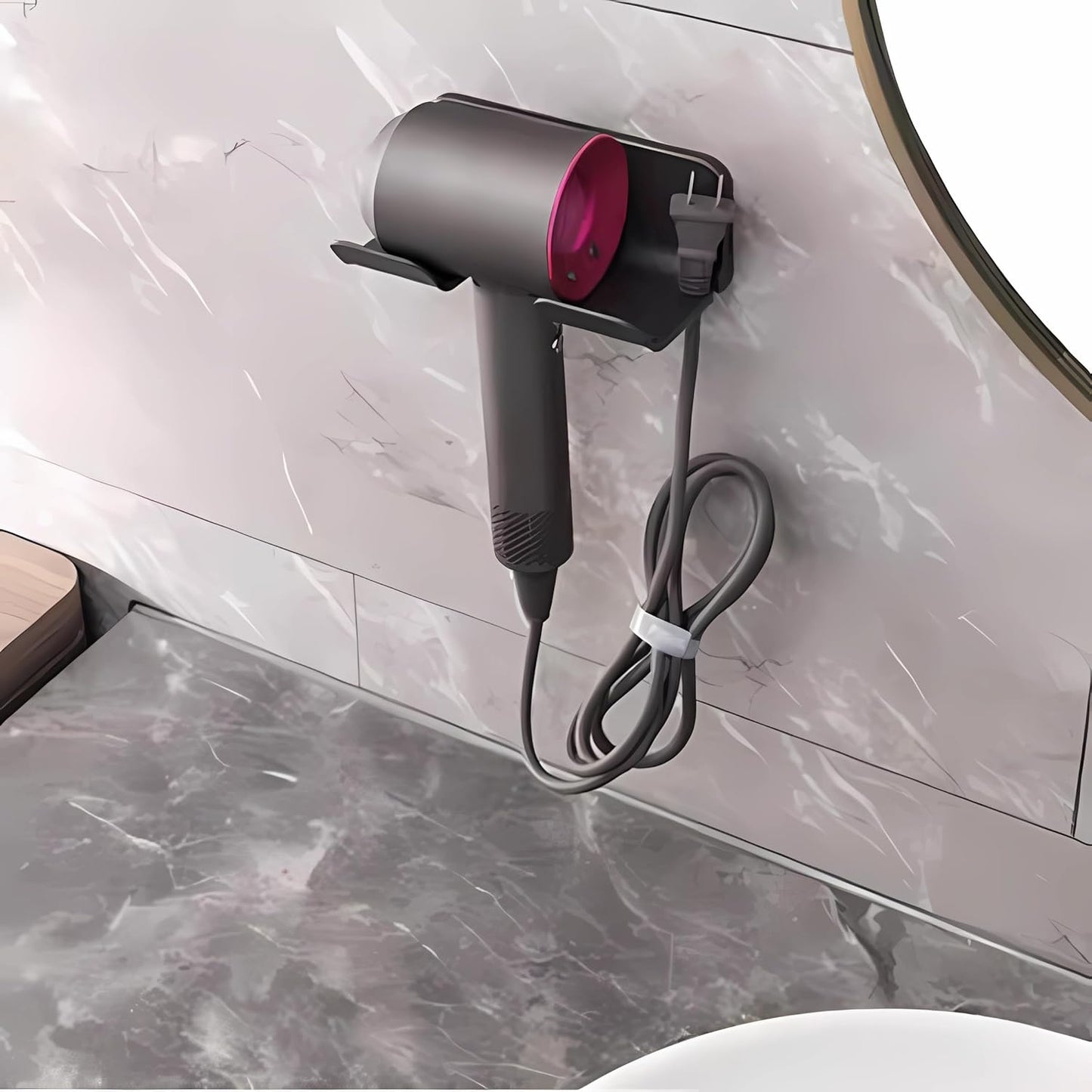 Universal Hair Dryer Holder, Blow Dryer Hanger Wall Mount for Hair Dryer Hook with Plug&Cord Organizer Self Adhesive for Cabinet Bathroom(1 Pack Black)