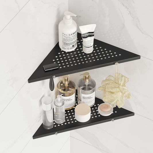 10" Bathroom Corner Shelf, 2 Pack Recessed Shower Shelf Caddy, SUS304 Stainless Steel Shelf Wall Mount Triangular, No Drilling Matte Black