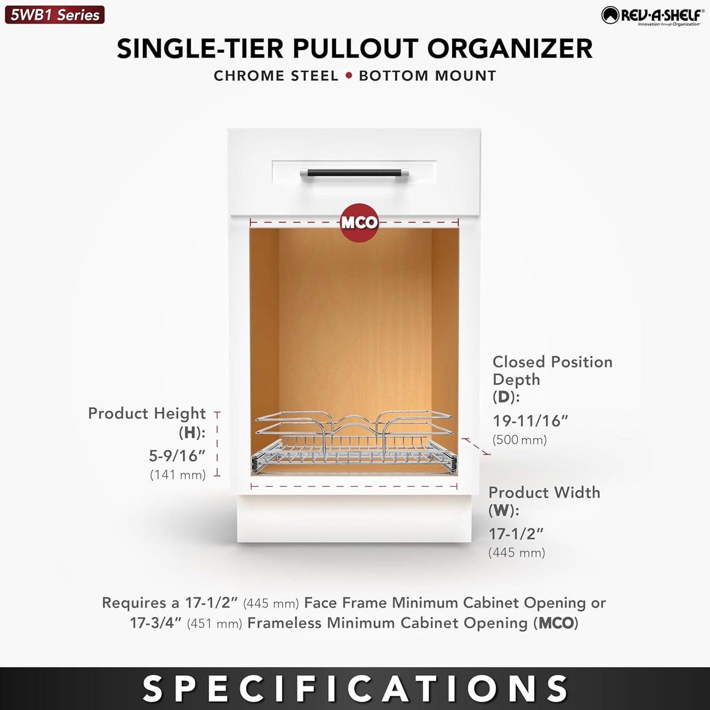 Rev-A-Shelf Kitchen Cabinet Pullout Shelf and Drawer Organizer Slide Out Pantry Storage Basket in Multiple Sizes, 18 x 20 In, 5WB1-1820CR-1