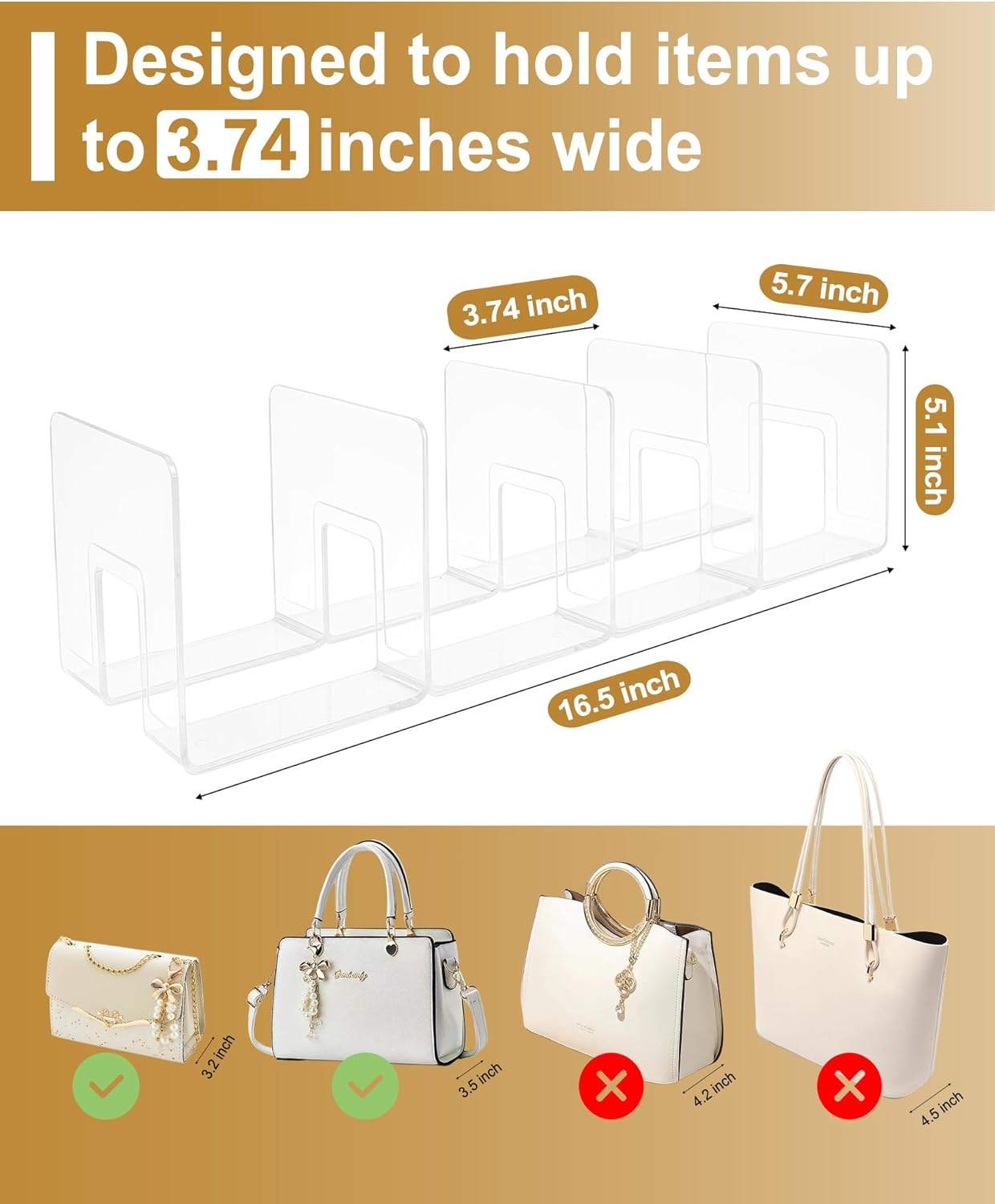 2-Pack Purse Organizers for Closet with 8 translucent Dustproof Storage Bags, Clear Acrylic 8-Slot Handbag Storage Shelf, No Assembly – Keeps Your Handbags Upright, Clear L