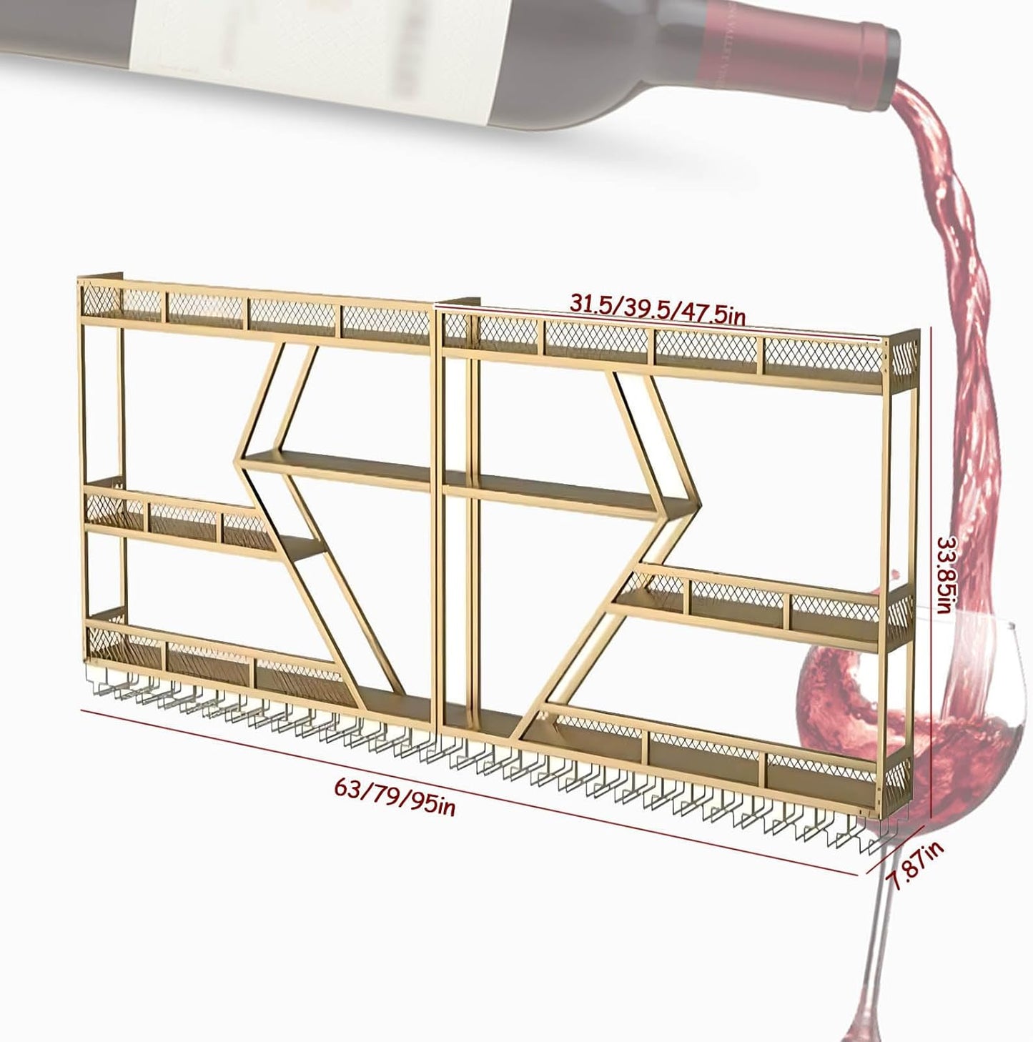 95in Wall Mounted Wine Rack, Large Metal Wine Bottle Holder,3 Tier Modern Fashion Diamond Shaped Floating Bar Unit Wine Storage Shelves, for Home Restaurant Bars Decor (Gold, 3 Tier - 95in)