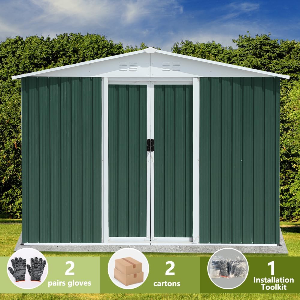 8' x 6' Outdoor Metal Storage Shed Outdoor Shed Galvanized Steel Garden Shed with Sliding Door and Window for Ventilation Storage Sheds House for Backyard Garden（Green）