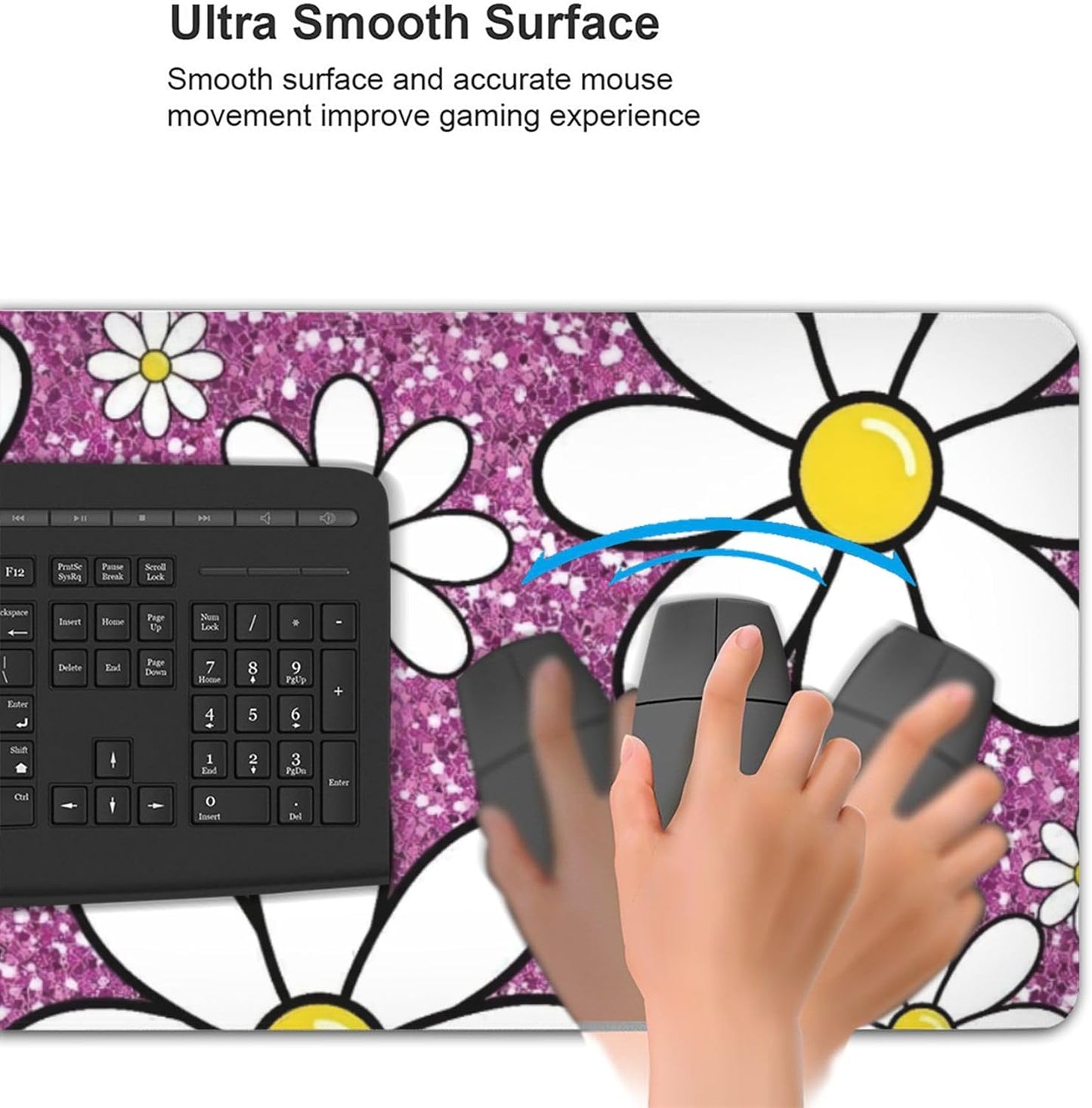 Purple Sparkling Daisy Large Mouse Pad, Flowers Gaming Desk Mat, XXL Keyboard Desk Pad Mat for Desktop, 35.4"x15.7" Non-Slip Base Big Mousepad with Stitched Edges