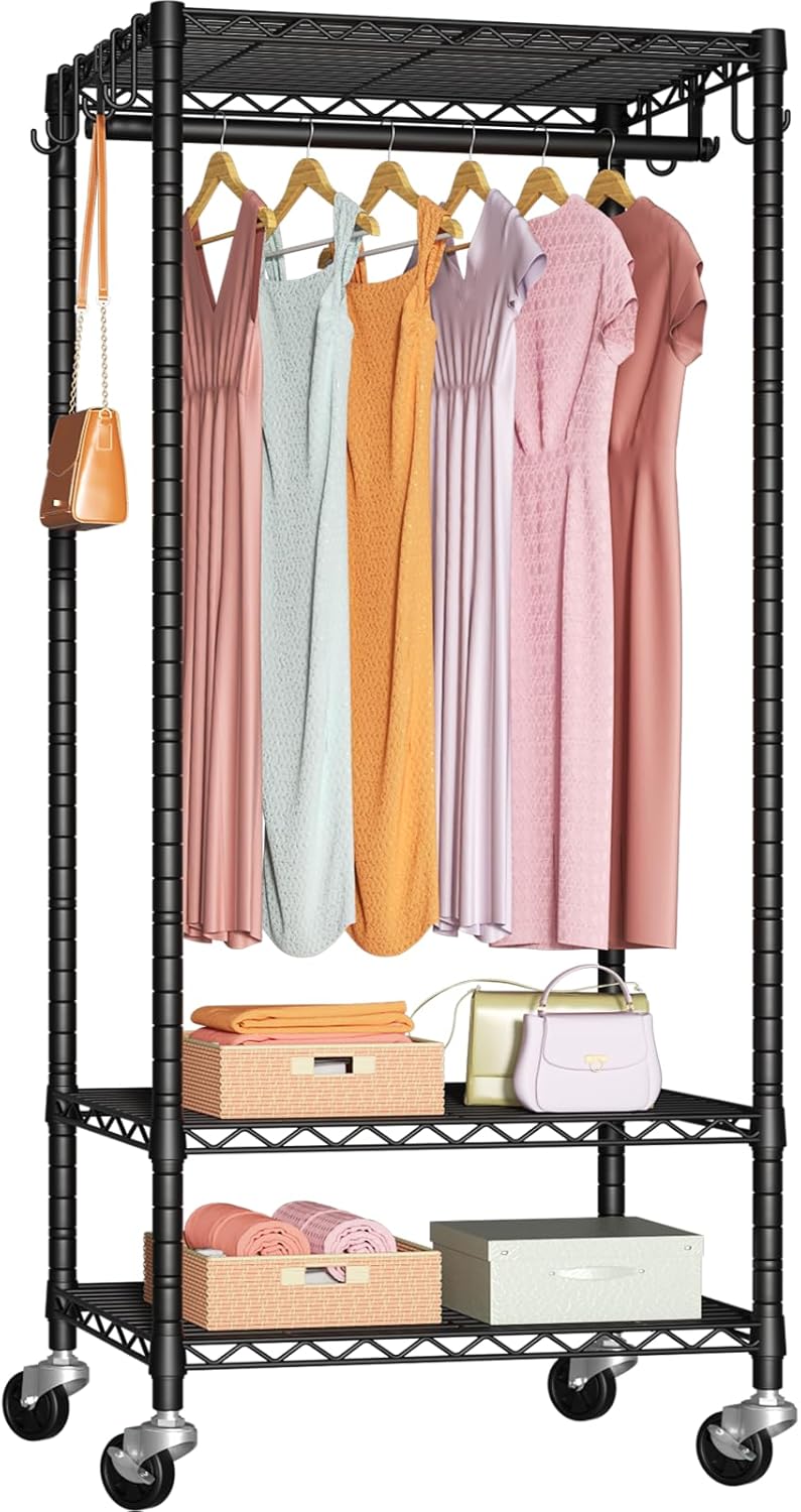 FUTASSI P6 Mini Rolling Clothes Rack Heavy Duty, Clothing Racks for Hanging Clothes, Freestanding Garment Rack with Wheels, Portable Closet Rack Max Load 360LBS, 23.6''W x 14''D x 74.6''H, Black