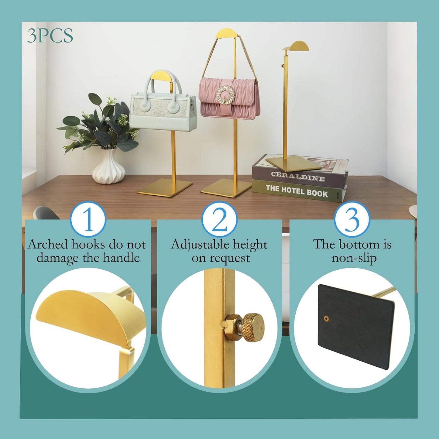 Purse Display Stand 3PCS More Thickened Base Handbag Rack for Bag Organizer Stainless Steel Adjustable Height Home Store Boutique Counter Vendors (Titanium Color)