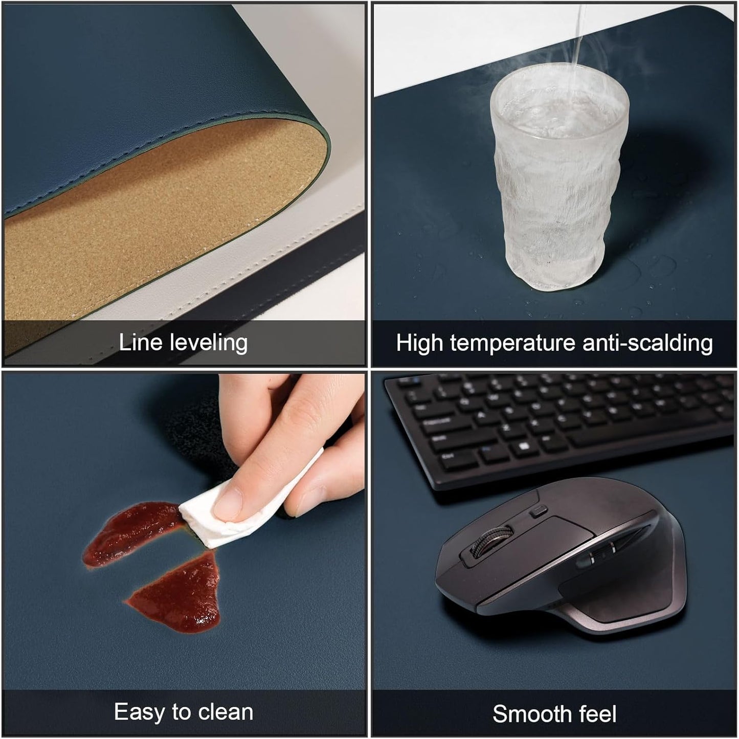 DAWNTREES Dual Sided Desk Mat,Leather Desk Pad,35.5"x17",Cork Desk Mat Protector,with PU Leather Valet Tray Organizer,Large Mouse Pad,Desk Writing Pad for Office and Home(Dark Blue)