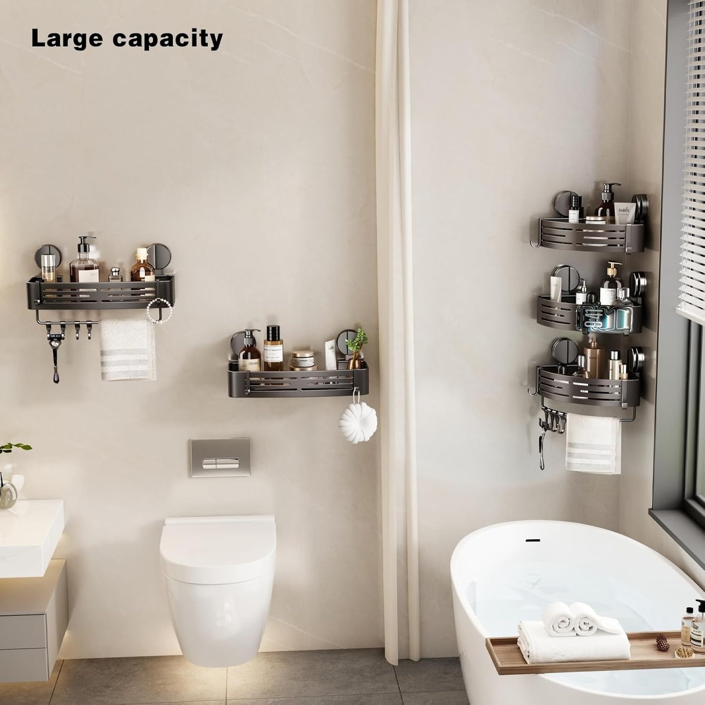 VOLPONE Corner Shower Caddy Suction Cup Shower Shelf Corner No Drilling Bathroom Shower Organizer Storage Rack Adhesive triangle with towel bar hooks 3 tier gray
