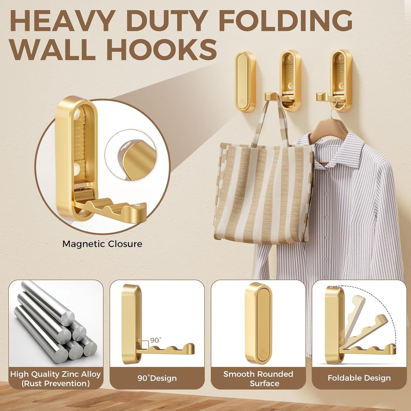 4-Pack Heavy Duty Zinc Alloy Folding Wall Hooks for Bathroom, Kitchen, Entryway, Closet - Space-Saving Design Holds Coats, Towels, Backpacks, Hats, Keys (Gold)