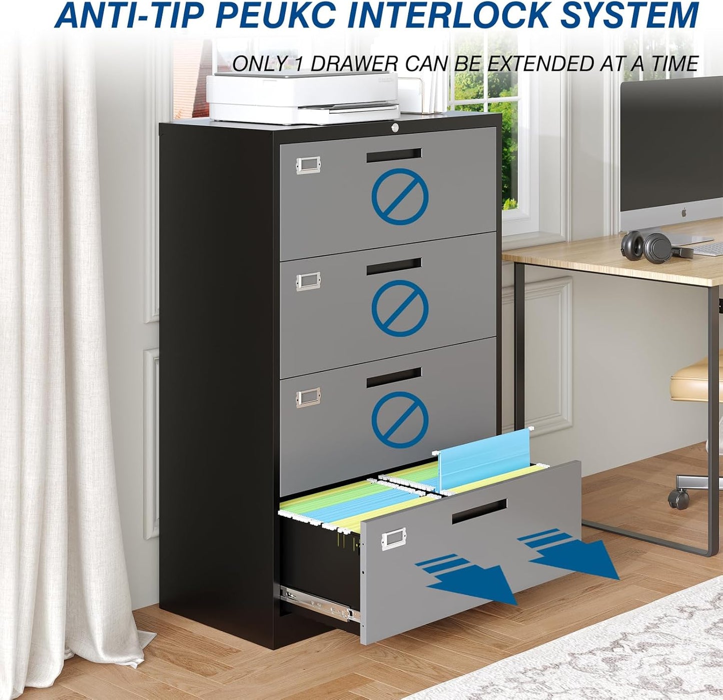 4 Drawer File Cabinet, Lateral Filing Cabinets for Home Office, Office Storage Drawers with Lock, Hanging Files Legal/Letter A4 Size (Assemble Required,Black Grey)