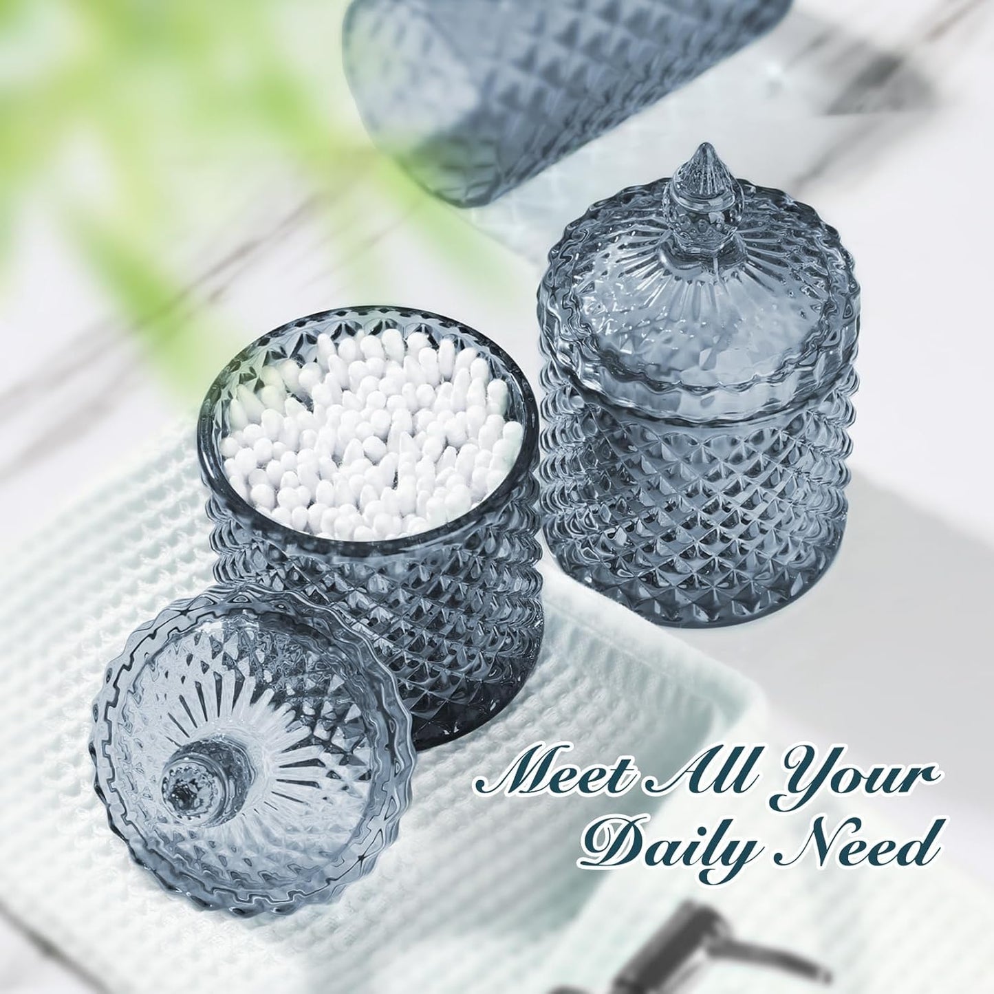 Blue Bathroom Accessories Set, 4 Pack Light Blue Bathroom Decor Accessory Sets Complete, Diamond Glass Soap Dispenser and Toothbrush Holder Set for Bath Counter Organizer Essentials