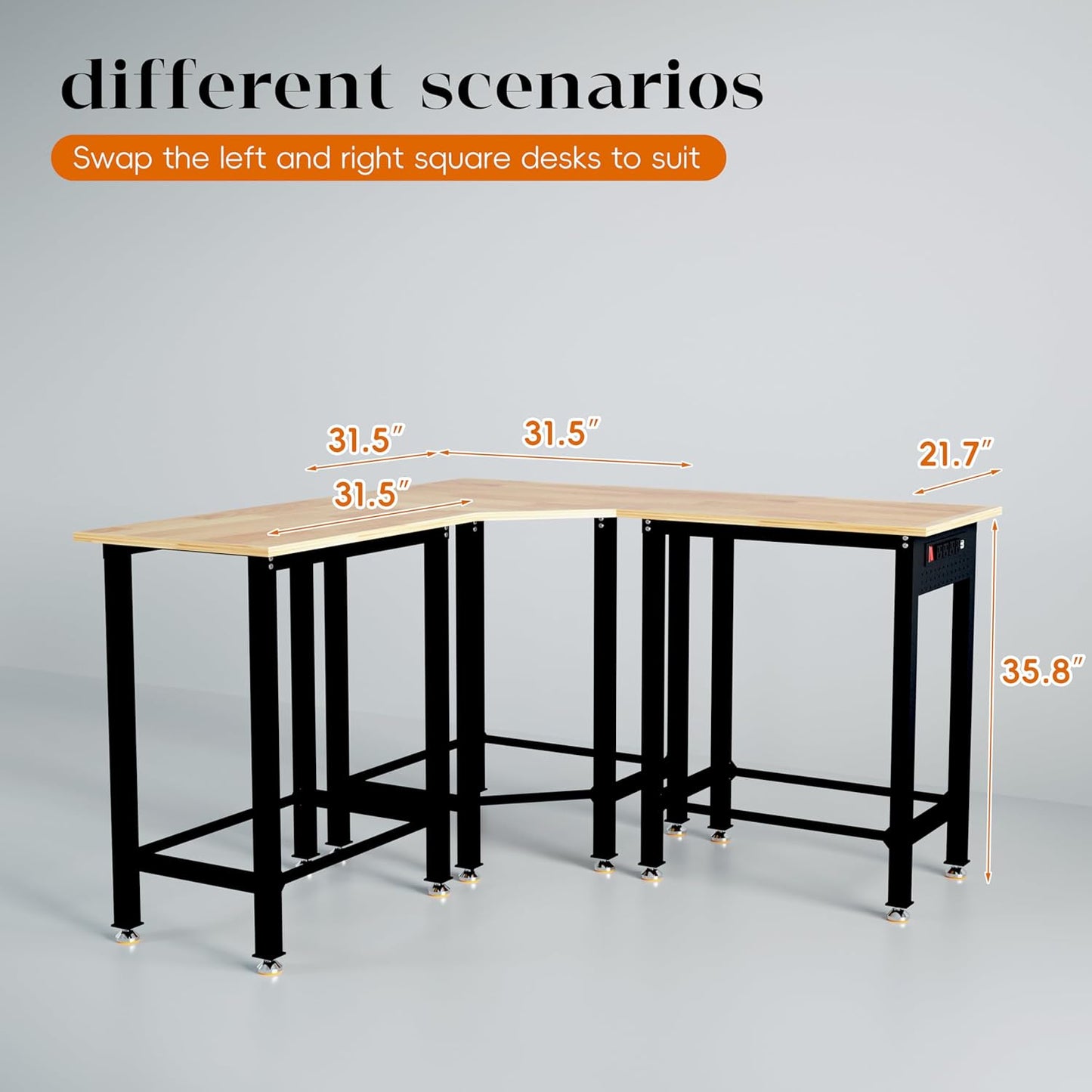 Betterhood 48"/60" Heavy-Duty Adjustable Workbench for Garage, Rubber Wood Shop Table,Hardwood Workstation Weight Capacity Over 1500 Lbs (Rubber Pad/Power Outlets/Ruler/63 x21.7 x35.8)