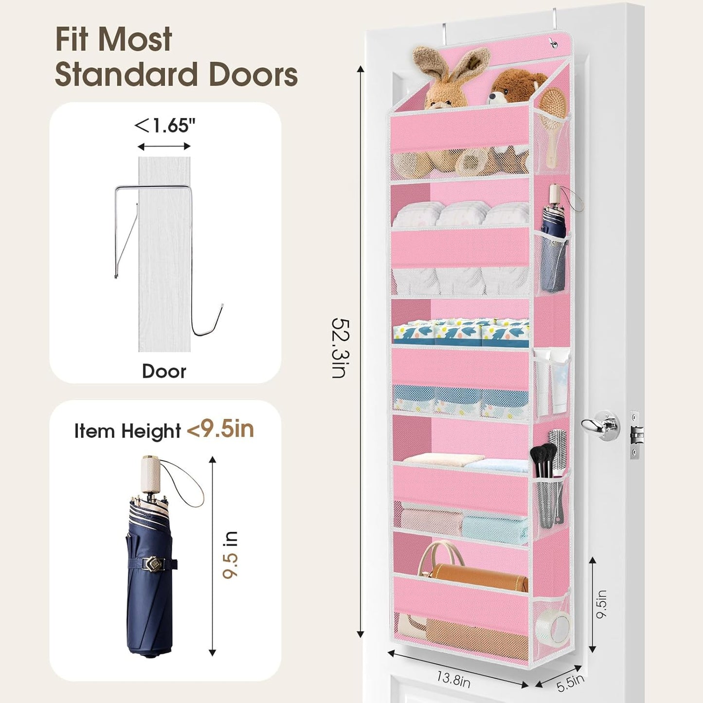 2 Pack Over The Door Organizer Hanging Storage Organizers with Clear Window 40lb Large Capacity Room Organizer for Pantry Laundry Bathroom Nursery Closet(Pink)