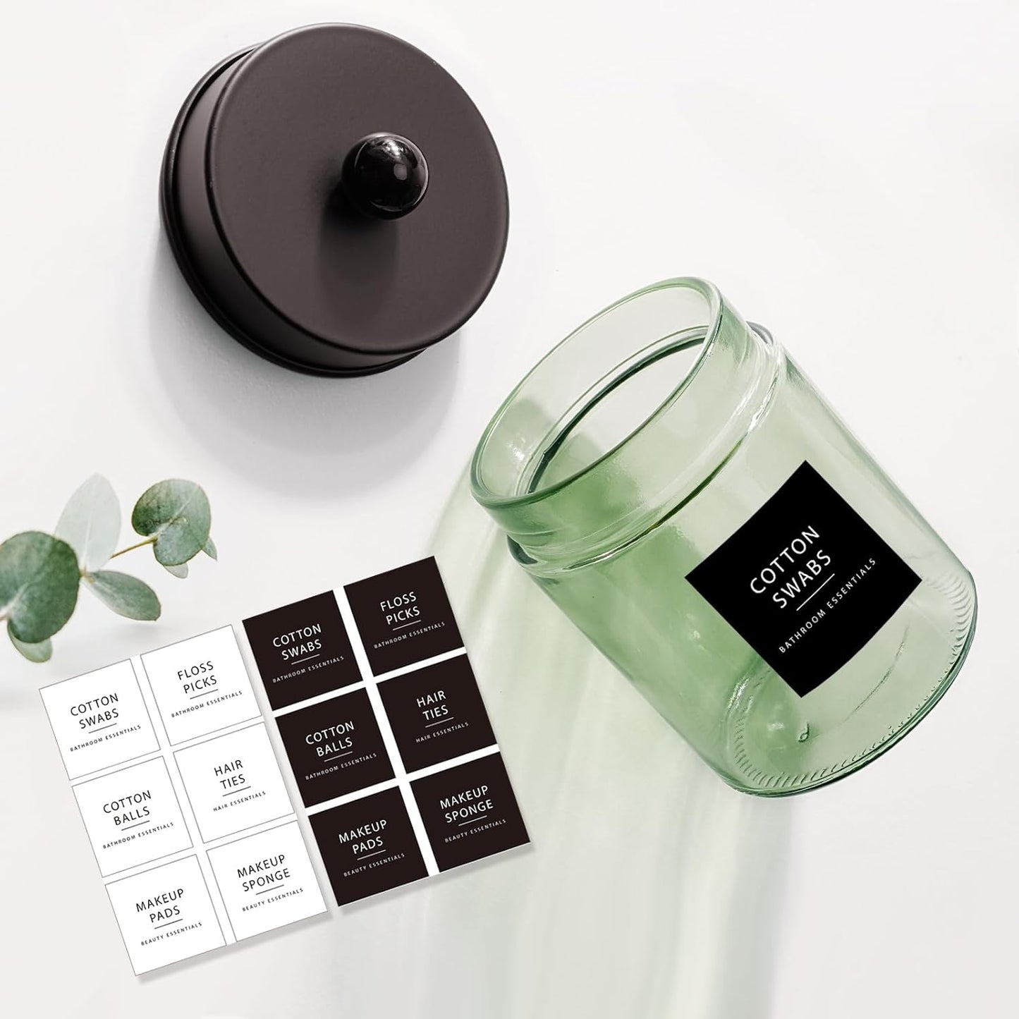 Amolliar Sage Green Apothecary Glass Jar With Metal Lid & Stickers, Bathroom Qtip Holder Storage Canister, Farmhouse Decor for Cotton Balls, Cotton Swabs, Makeup Pads, Bath Salt, Floss, Bronze 4 Pack