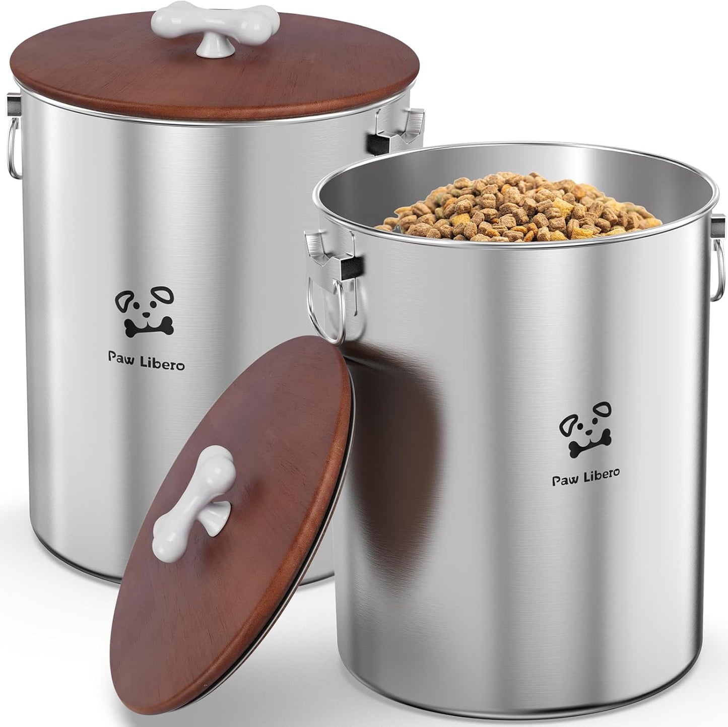 2PK 25 Lbs total 50 Lbs Stainless Steel Dog Food Storage Container with Airtight Wooden Lid & Ceramic Bone Handle, Large Metal Dog Food Bin for Dogs & Cats