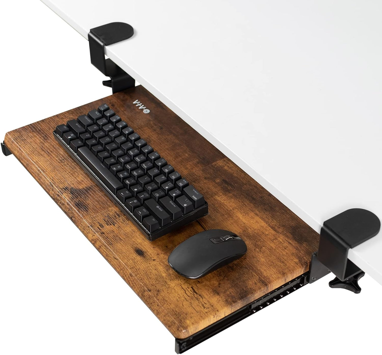 VIVO Small Keyboard Tray, Under Desk Pull Out with Extra Sturdy C Clamp Mount System, 20 (26 with Clamps) x 11 inch Slide-Out Platform Drawer, Rustic Vintage Brown Top, Black Frame, MOUNT-KB05ES-N