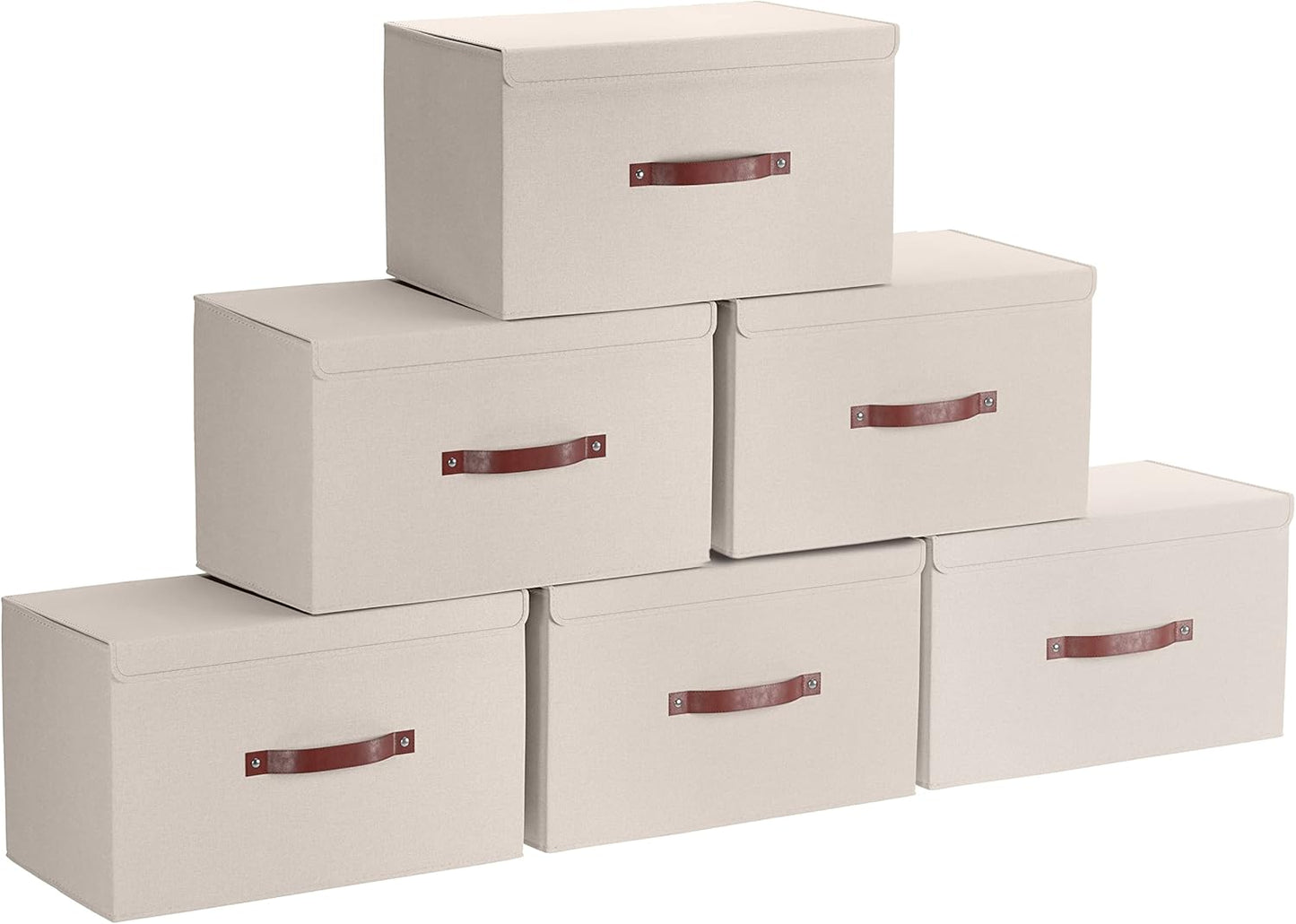 Ornavo Home 6 Pack Collapsible Storage Bins with Lid, Foldable Linen Fabric Shelf Storage Basket Closet Organizer and Large Storage Box for Clothes with Leather Handles, 16.5 x 11.8 x 7.5, Beige