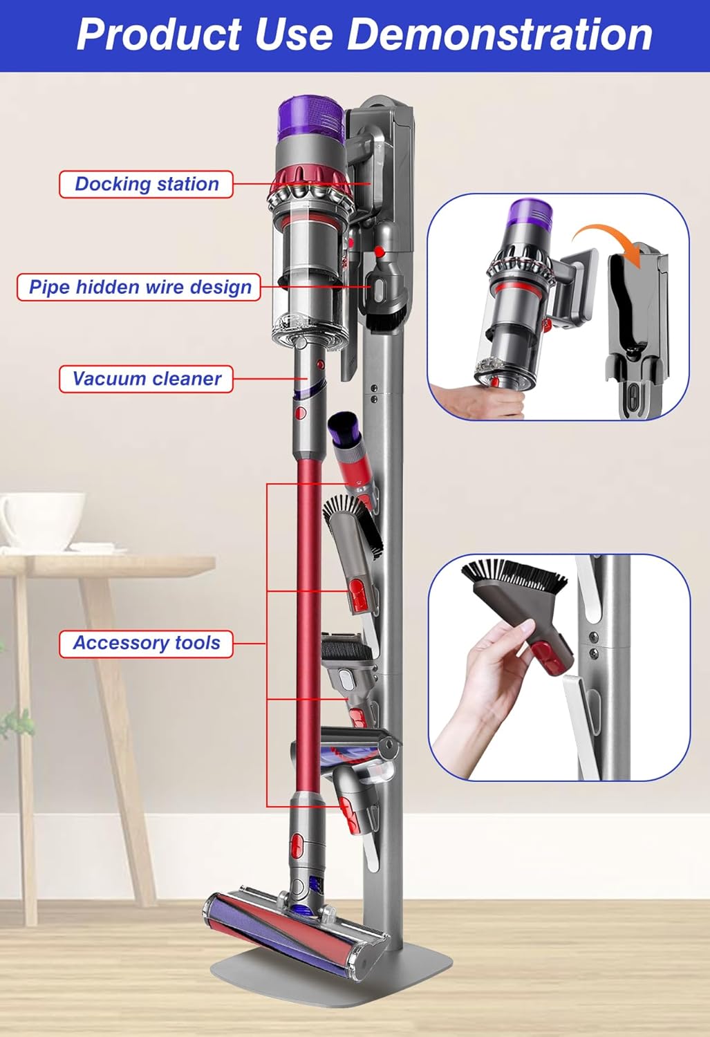 Haturi Vacuum Stand for Dyson Gen5 V15 V12 V11 V10 V8 V7 V6, Heavy-Duty Metal Bracket Organizer with 4 Accessory Hooks, Hidden Cord Management & Space-Saving Design for Cordless Handheld Vacuums