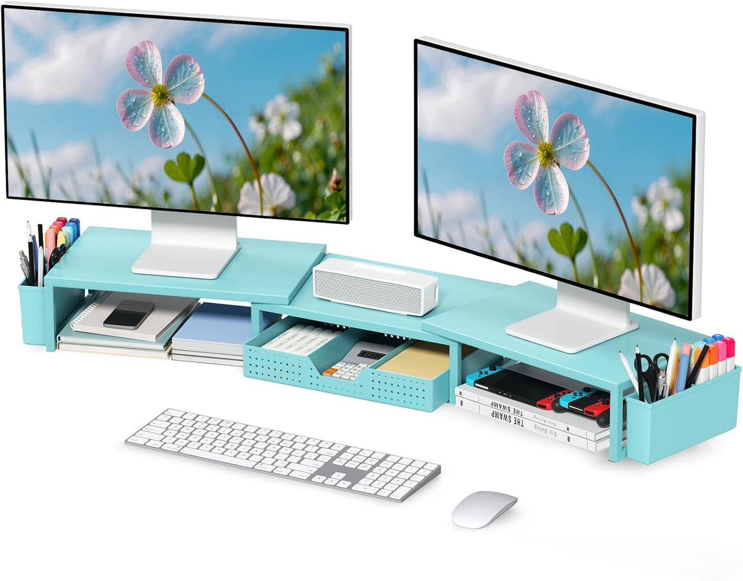 OPNICE Desk Organizers and Accessories, Dual Monitor Stand Riser with Drawer and 2 Pen Holders, Desk Shelf Metal Computer Monitor Stand for Office Workspace Organizers, Desktop Organization (Blue)