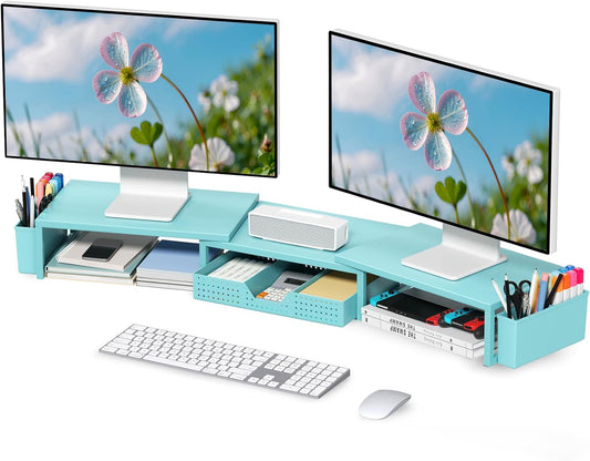 OPNICE Desk Organizers and Accessories, Dual Monitor Stand Riser with Drawer and 2 Pen Holders, Desk Shelf Metal Computer Monitor Stand for Office Workspace Organizers, Desktop Organization (Blue)