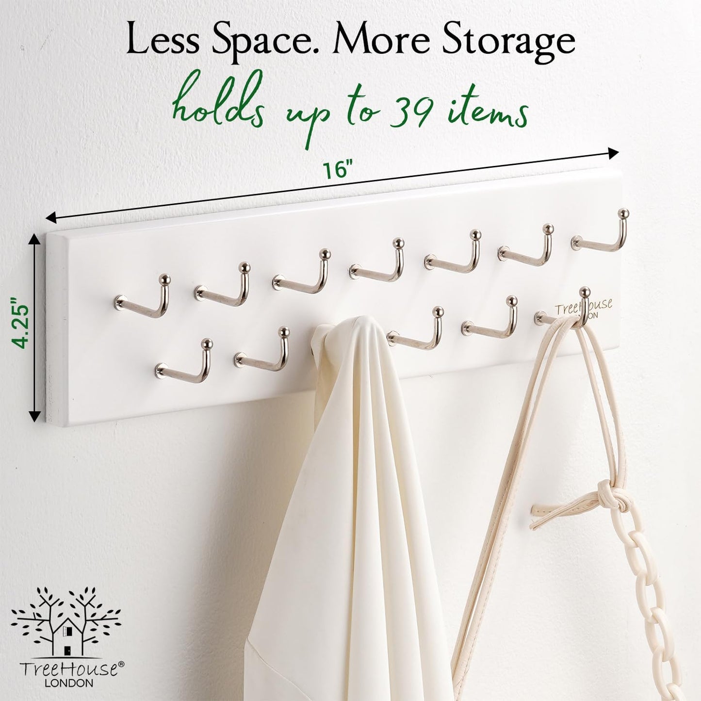 Treehouse Belt Organizer Rack, Holds Over 28 Large Belts, Sturdy Metal & Solid Wood Storage Holder for Closet, Versatile, Wall Mounted Belt & Tie Display Hanger for Bedroom - (White)16''L x4.25''H
