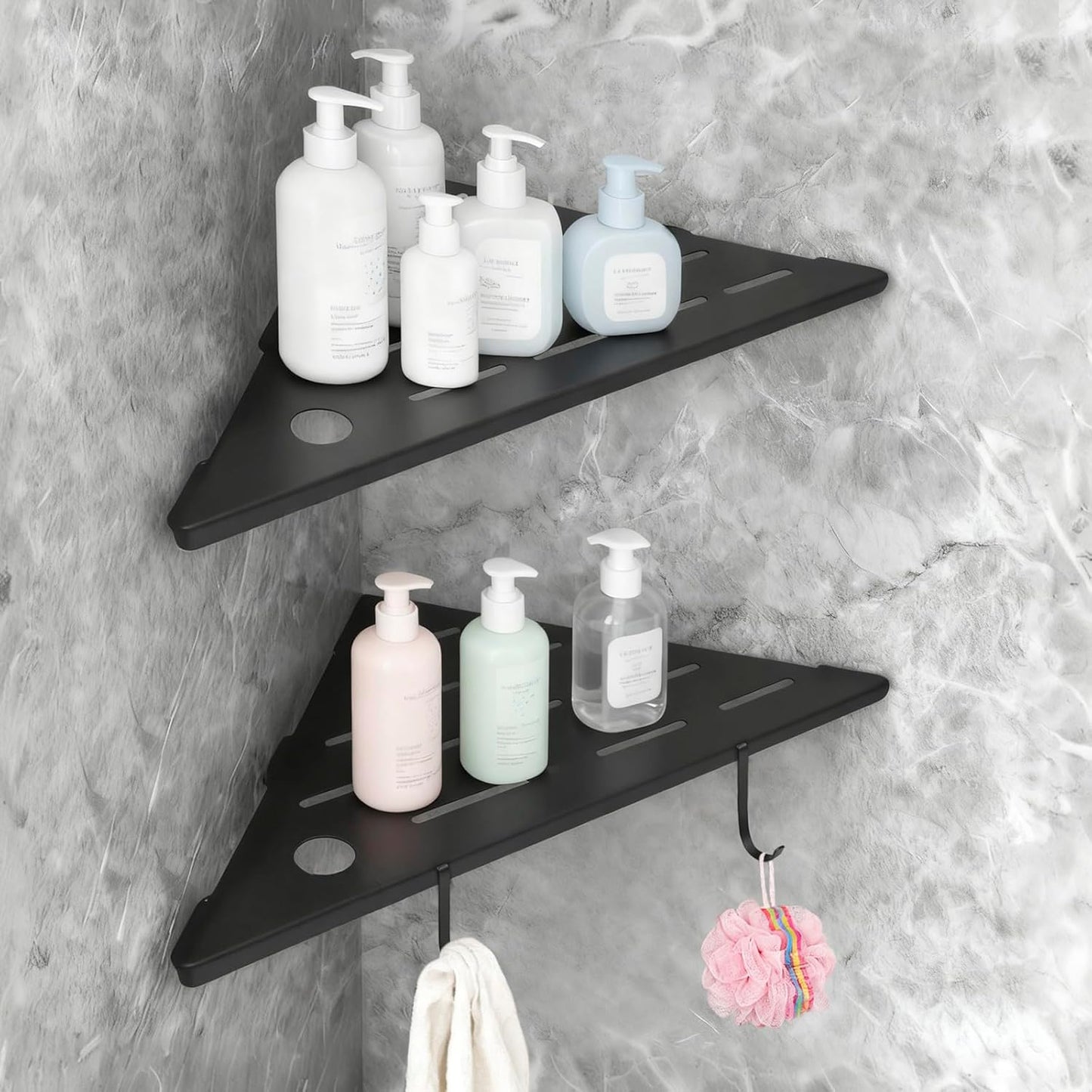 10" Corner Shower Shelves,Shower Corner Shelves Organizer Shelf for Tiled Wall 2 Packaging,SUS304 Stainless Steel Slot Design Tile Shower Shelves with 2 Hooks Matte Black