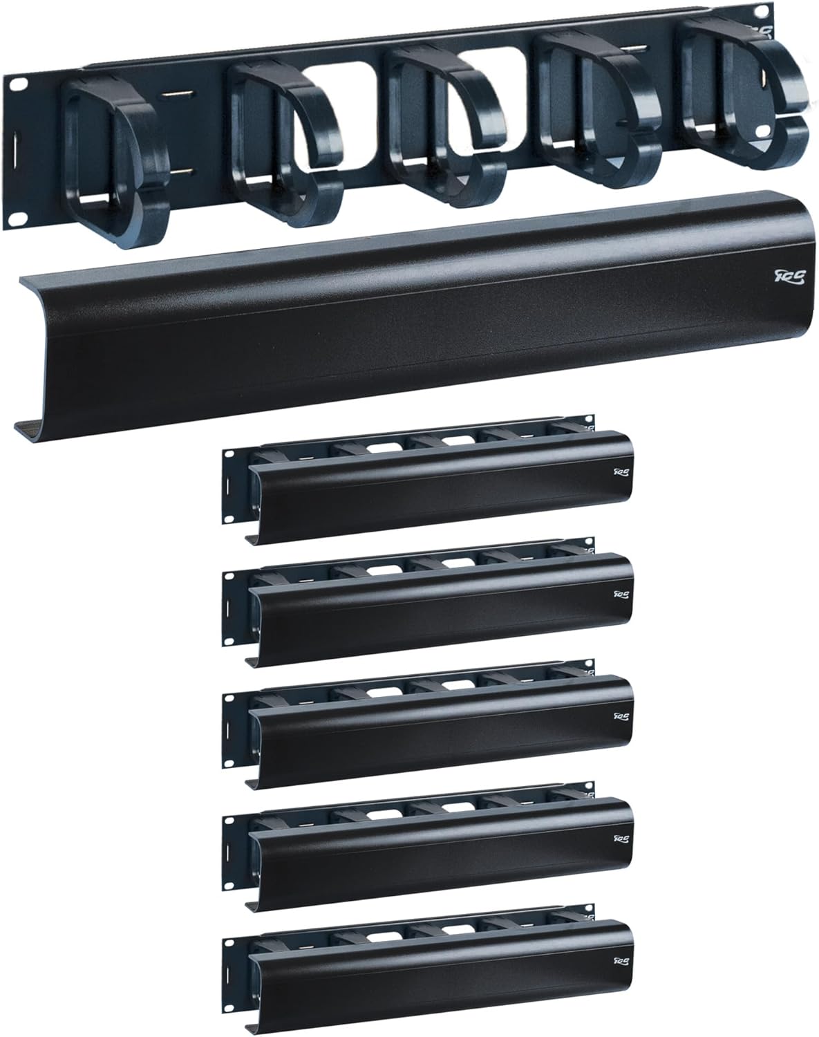 ICC 2U Ring Cable Manager Panel with Cover, Plastic with Metal Back Frame, 4" D-Rings, Horizontal Cable Management, Rackmount for 19” Network Racks, Black, 6-Pack