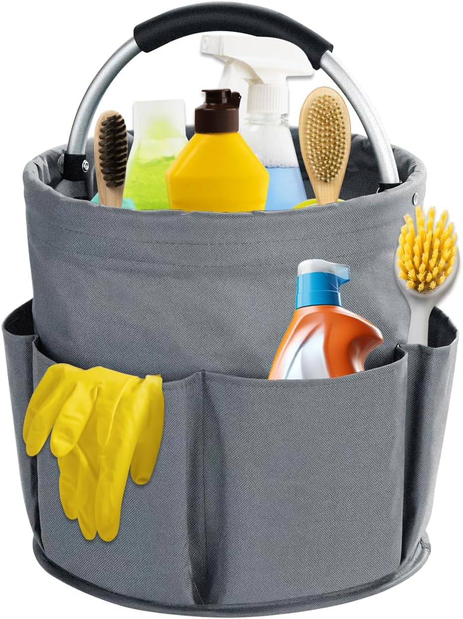 17L Cleaning Caddy with Handle, Cleaning Supplies Organizer, Foldable Storage Basket, Cleaning Supply Caddy, Portable Multi Cleaning Bucket Bag for Home, Garden (Grey)