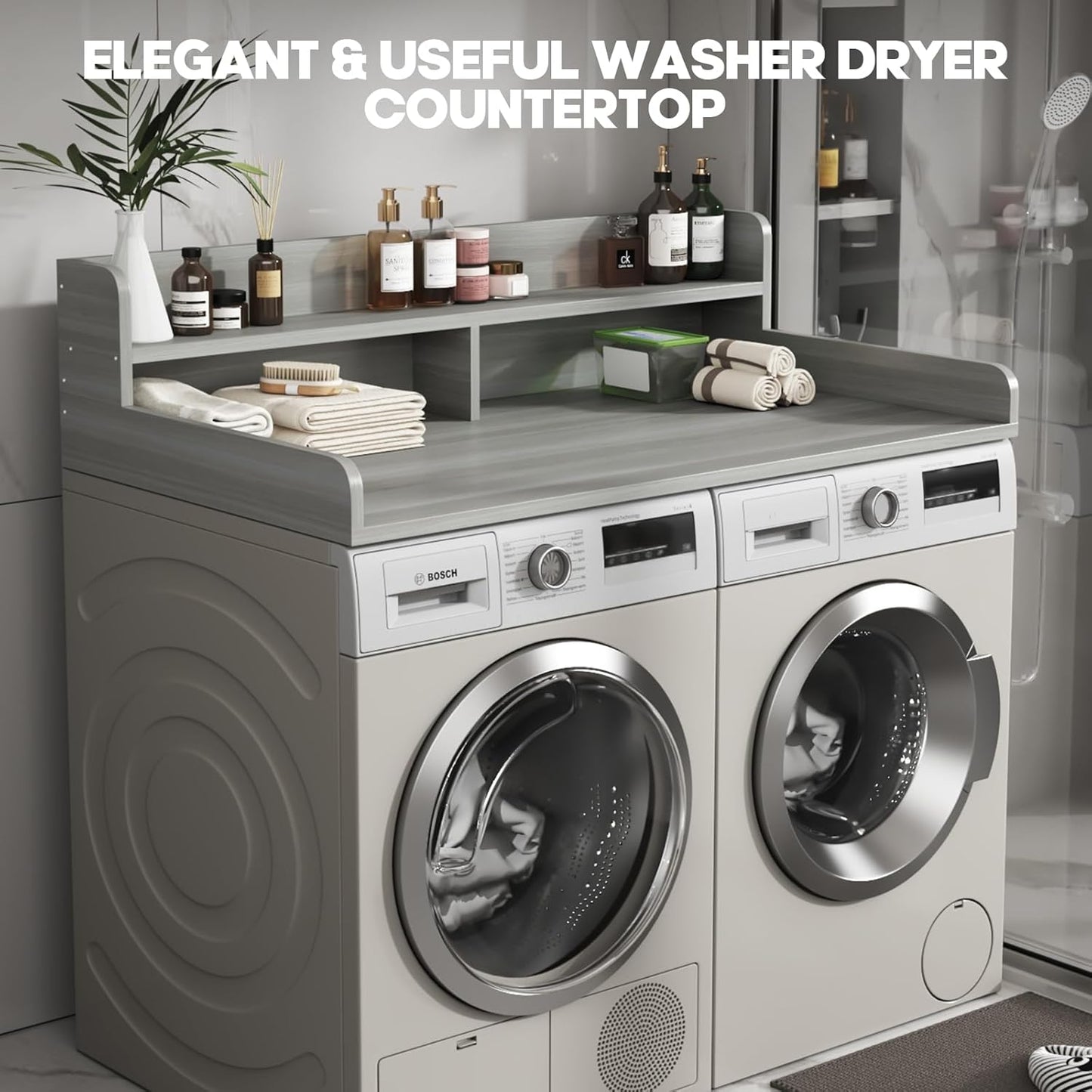 2-Tier Washer And Dryer Countertop With 2.75"H Guard,54"W x 27.5"D Laundry Countertop Cover With Non-Slip Pad,Large Space Laundry Topper For Folding Clothes Over Washer And Dryer-Stripe Gray