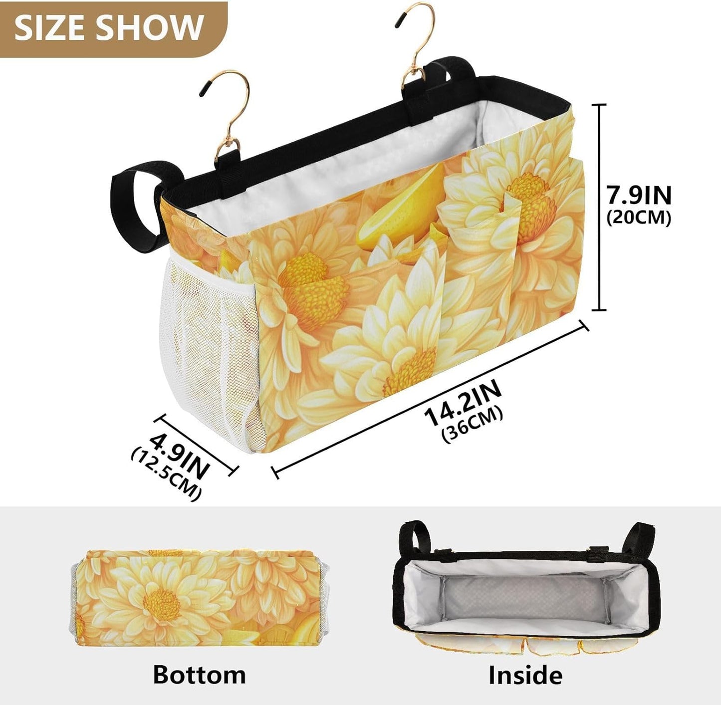 Bright Yellow Chrysanthemum Flowers and Lemon Bedside Caddy for Dorm Bed Bedside Hanging Caddy Bag Iron Frame Storage Organizer Pocket for Bunk Home College Hospital Beds 2 Hooks