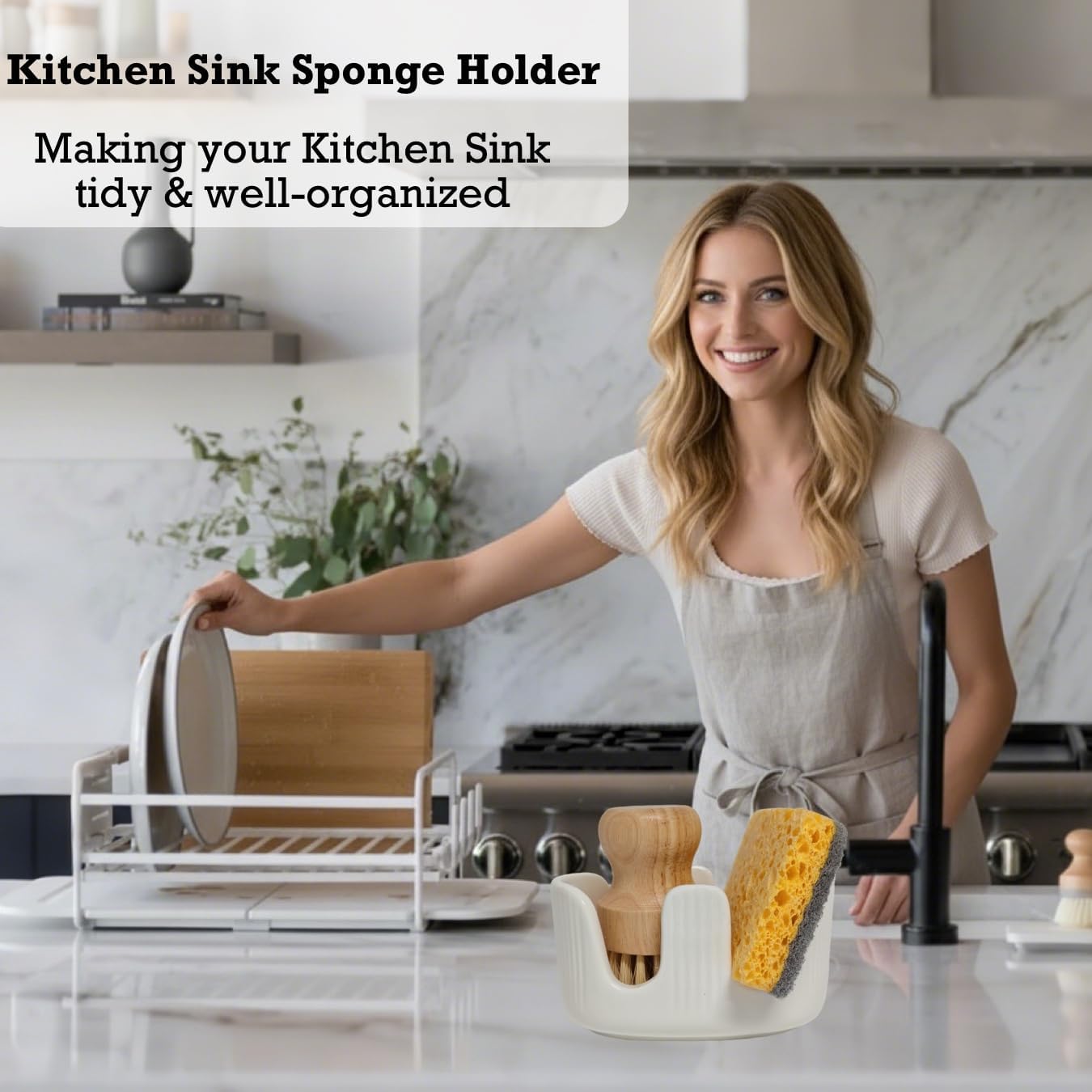 Ceramic Sponge Holder, 2-Slot Dish Sponge Holder for Kitchen Sink, Keeps Sponges Dry & Countertop Clean, Rust-Free & Dishwasher Safe, Stylis Design, Modern White