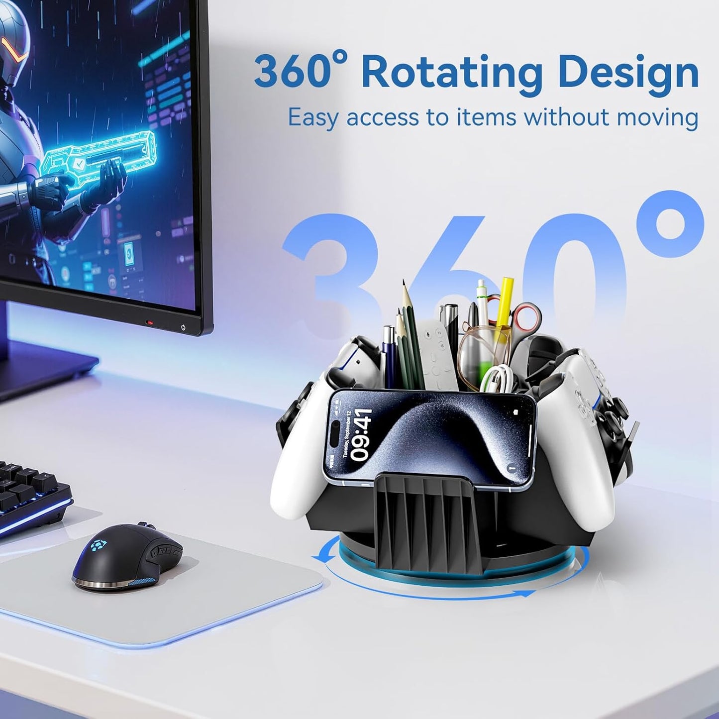 KDD Controller Organizer for Desktop - 360°Rotatable Controller Holder with Storage Box - Universal Stand for 4 Controllers, Desk Organizer for Switch Remote Control Pen Gamer Accessories